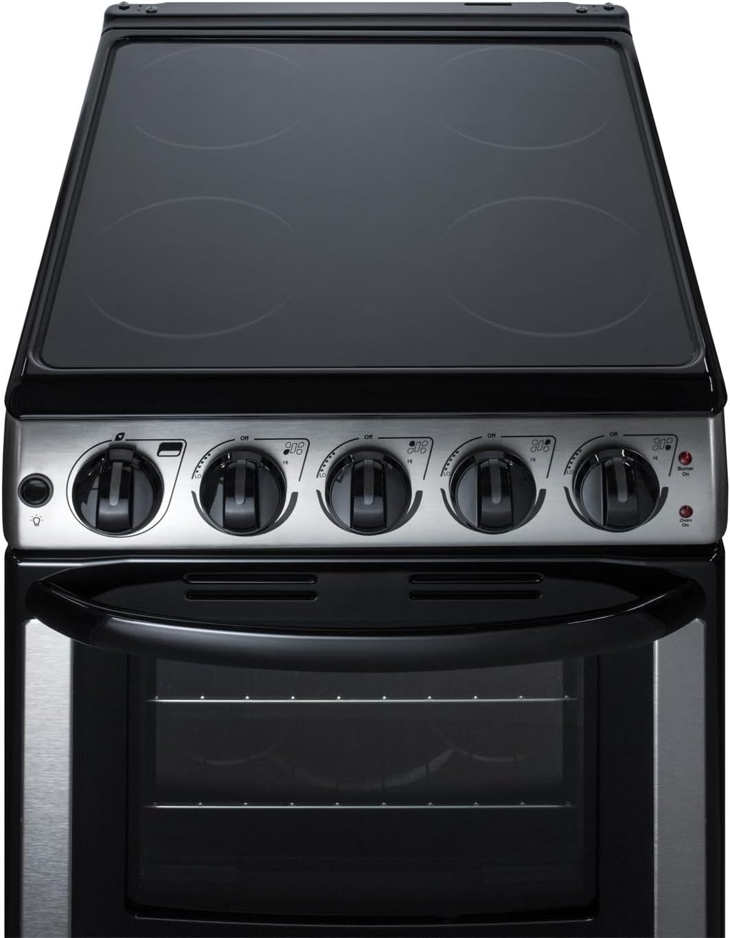 Summit 20” Electric Range, Stainless Steel and Black- REX2071SSRT | 2.3 cu.ft. Capacity Oven, Smooth Glass CookTop, 4 Burner Range, 220VOLT