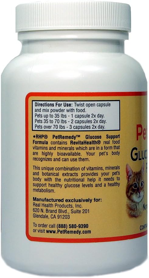 PetRemedy Pet Blood Sugar Support. Natural Supplement maintains Healthy Glucose Levels in Diabetic Cats and Dogs. (180 Capsules, 90 Days Supply)