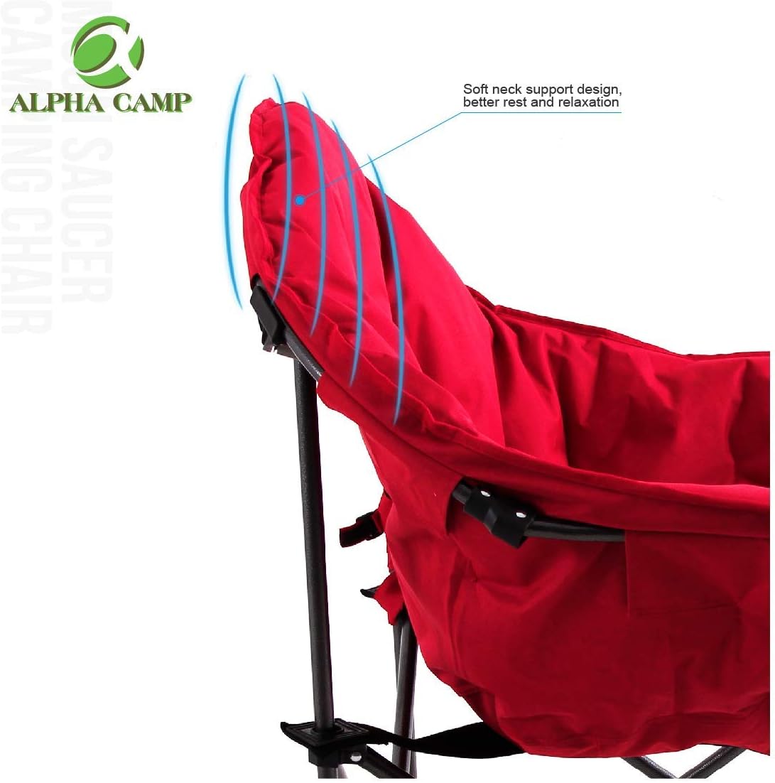 ALPHA CAMP Oversized Camping Chairs Padded Moon Round Chair Saucer Recliner with Folding Cup Holder and Carry Bag