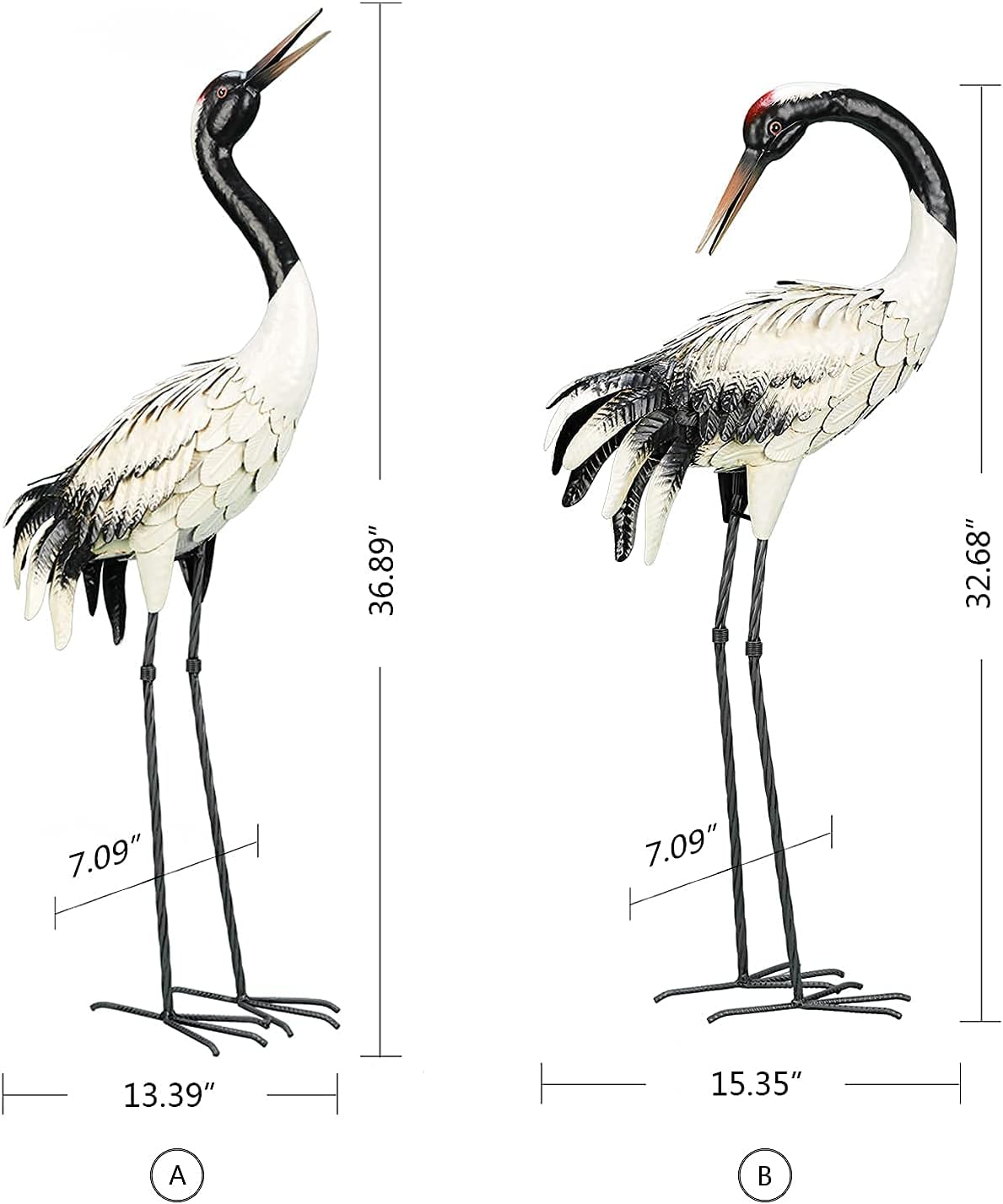 chisheen Garden Crane Statues Outdoor Heron Red Crowned Crane Metal Yard Art Sculpture,Set of 2