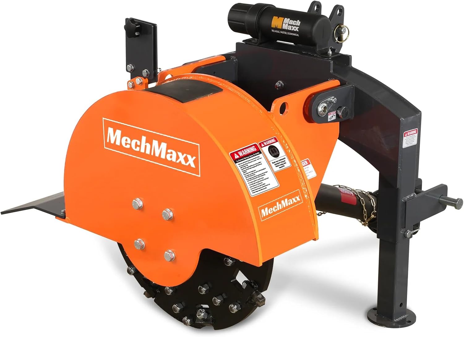 MechMaxx Heavy Duty 3-Point PTO Powered Stump Root Grinder For 15-45HP Tractors With 34 Carbide Teeth, 6'' Cutting Depth, 24'' Flywheel Diameter, Model SG24 Orange
