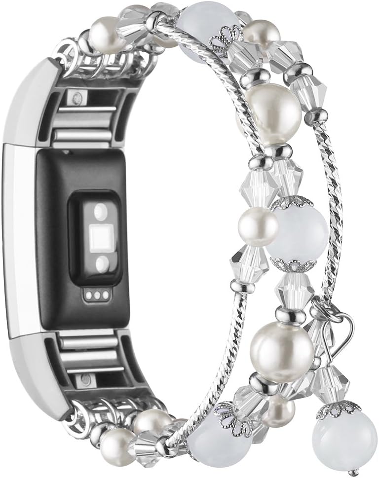 Simpeak 5.8-7.2 Fashion Band Compatible with Fitbit Charge 2 Smartwatch, Elastic Women Beaded Band Replacement for Fitbit Charge 2 Only, White