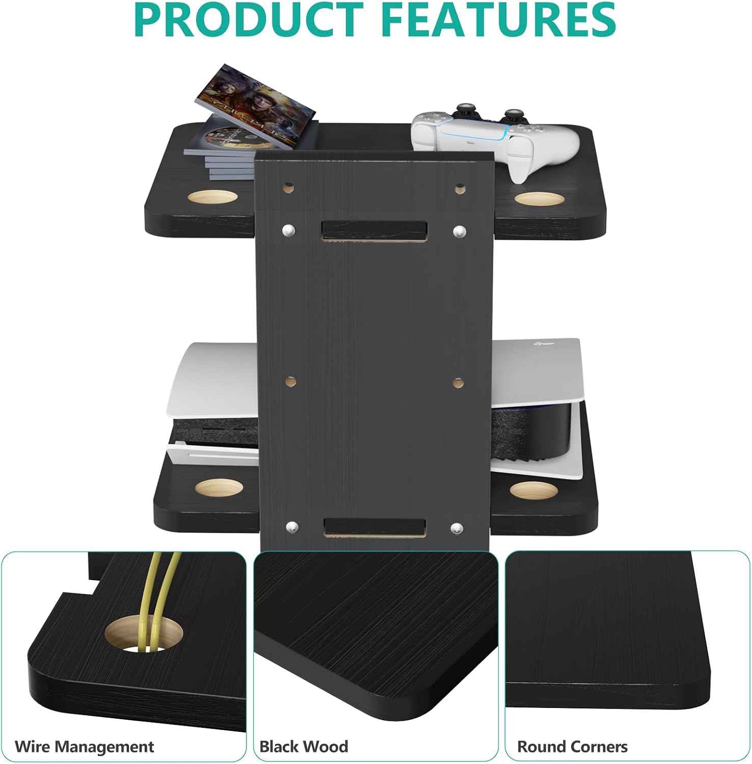 WALI Floating TV Shelf, 2 Tier Glass Projector Shelf for DVD Players, Routers, Game Consoles, Cable Boxes, Living Room Decor, Wall Mount Shelves Hold Up to 17.6lbs (CS202B), 2-Shelf, Black