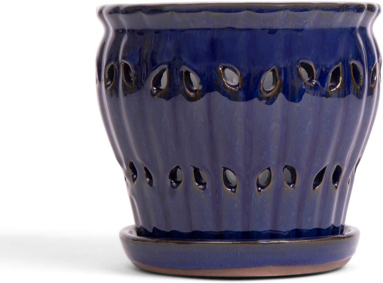 rePotme 6" Pinwheel Fluted Ceramic Plant Pot (Cream Over Lavender) - Includes Free 6 inch Slotted Pot Liner - Great for Orchids, Succulents