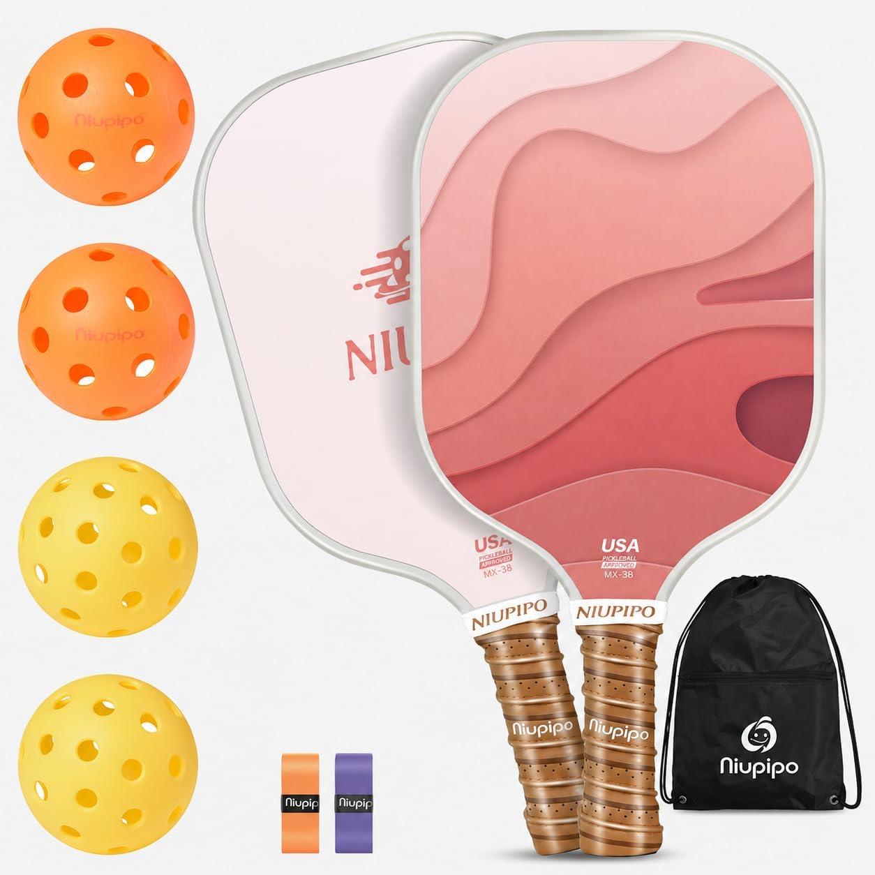 niupipo Pickleball Paddles Set of 2 or 4, USAPA Approved Fiberglass Pickleball Paddle Set with Balls and Bag, Polypropylene Honeycomb Core