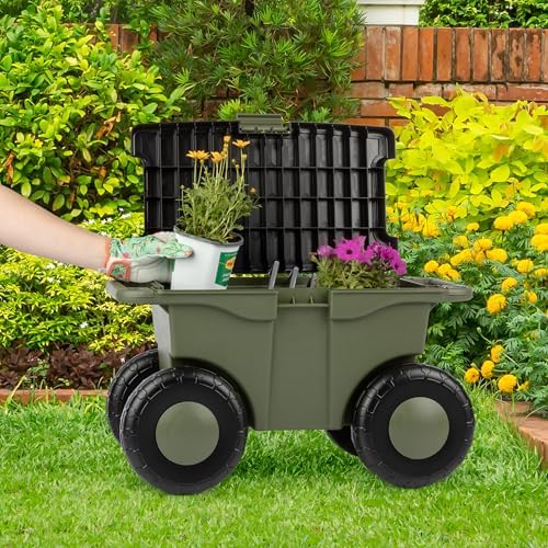 Rolling Garden Cart with Seat - Plastic Storage with Bench and Interior Tool Tray - Gardening Stool for Weeding and Planting By Pure Garden (Green) | Plastic Storage with Bench and Interior Tool Tray - Gardening Stool for Weeding and Planting