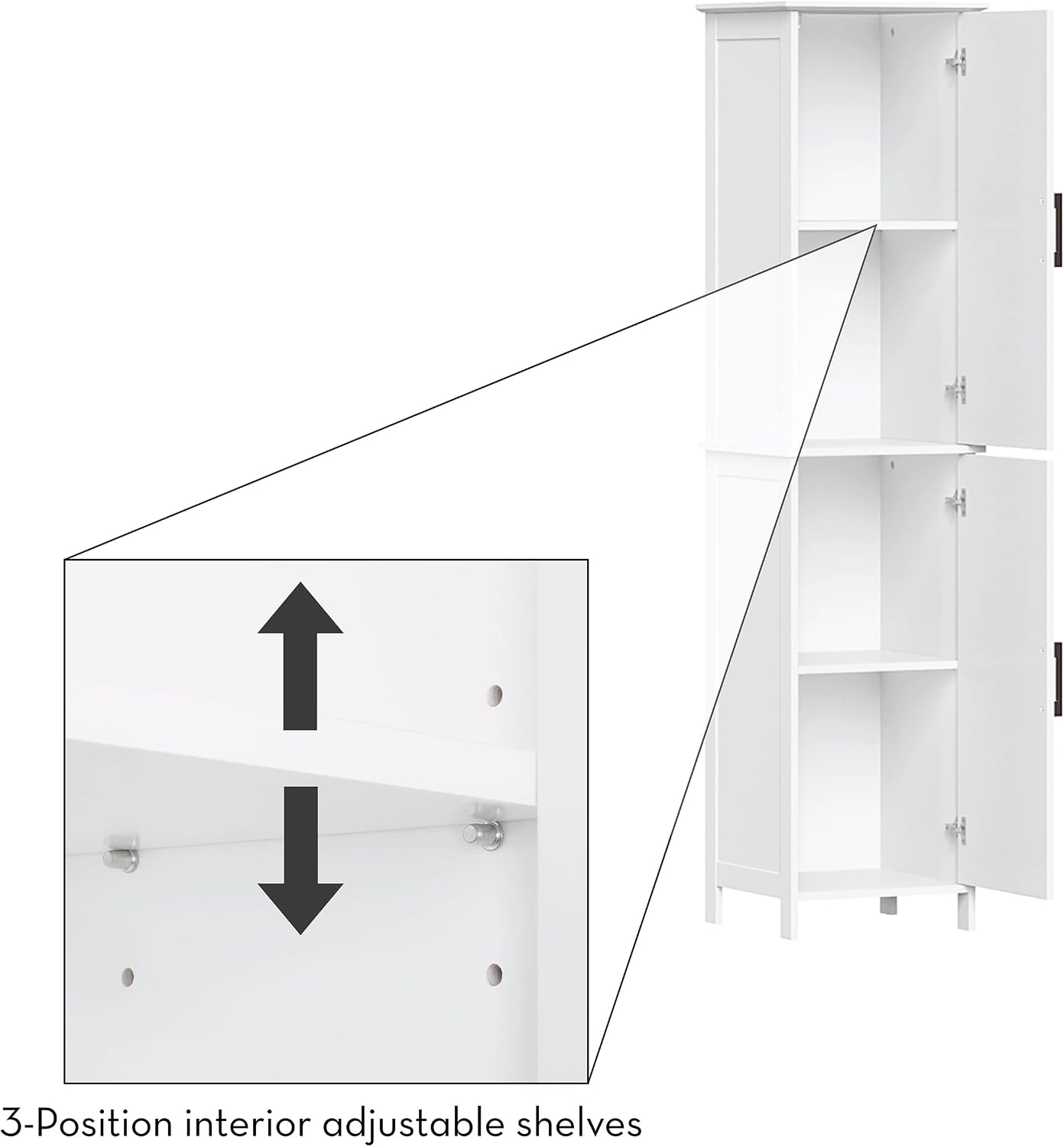 RiverRidge Monroe Tall 2-Door Bathroom Linen Cabinet, White | Soft Close Hinges, Adjustable Shelves, Matte Black Handles, Modern Farmhouse Style
