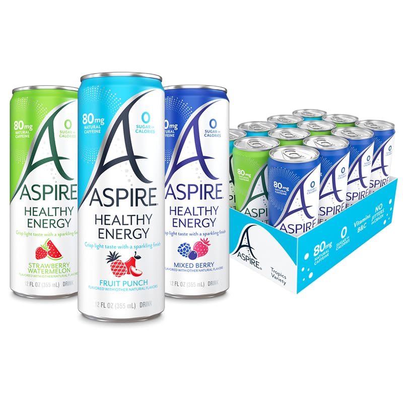 ASPIRE® Raspberry Acai, Healthy Energy Drink 80mg Natural Caffeine, Zero Sugar No Carbs Keto Friendly, 12 Pack Green Tea Sugar Free Drink Low Caffeine Zero Calorie