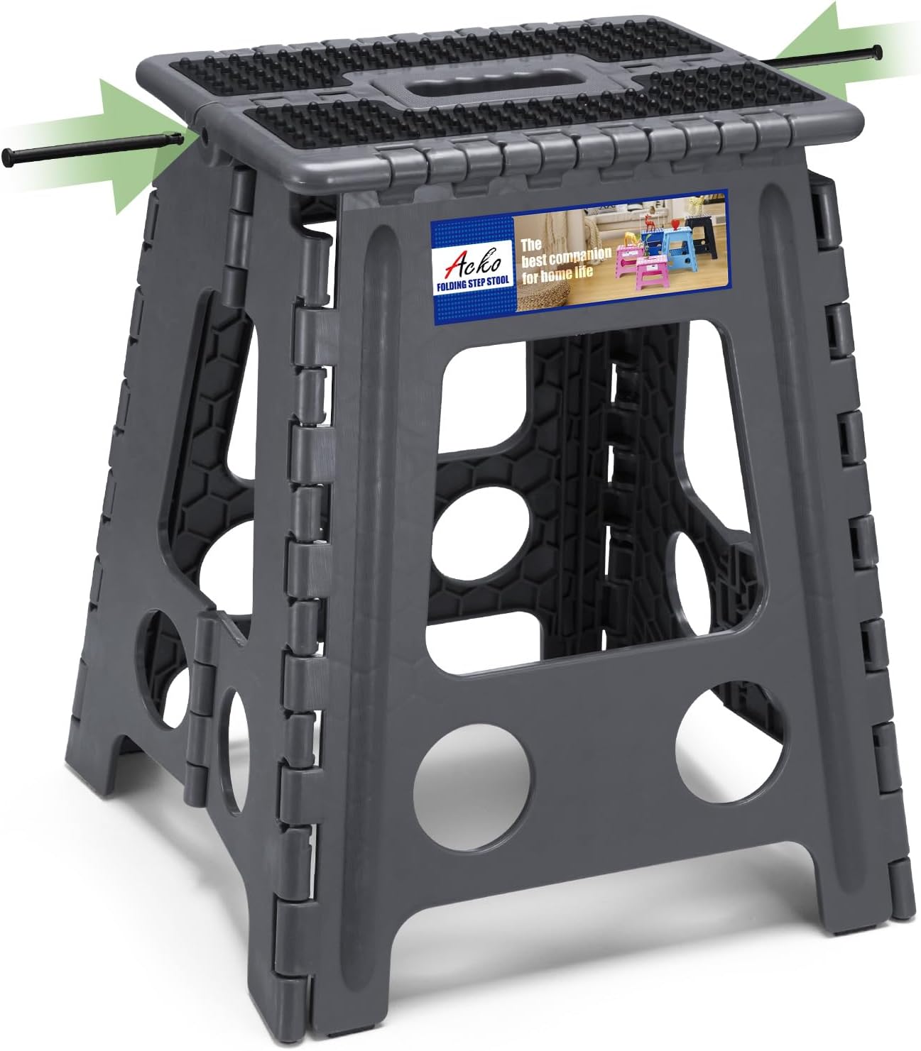 ACKO 13 Inch Folding Step Stool, Holds 300 lb for Adults and Kids, Black | Collapsible Heavy Duty Foldable Stools, Portable Non-Slip Foot Stepping stool, Kitchen Bathroom Bedroom Outdoor with Handle