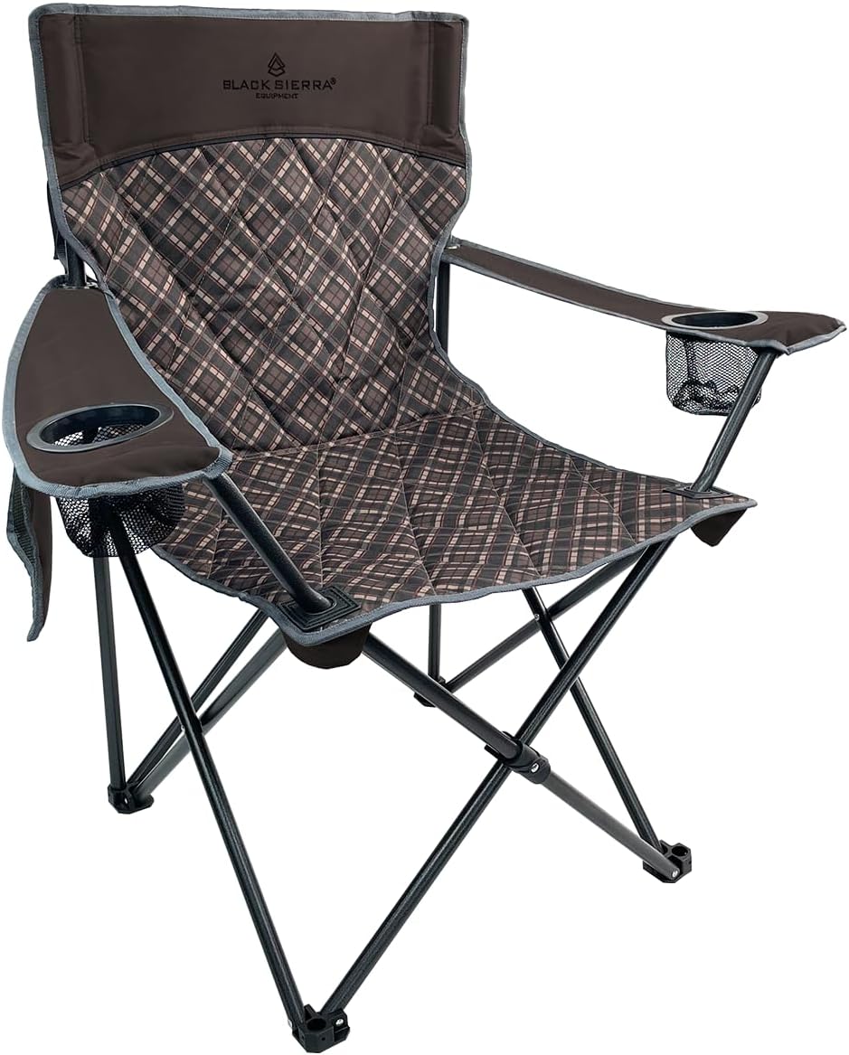 Black Sierra Quilted Padded Camping Chair, Oversized Heavy Duty Outdoor Lounge Seat Supports 300 lbs, Portable, Folding with Cup Holder for Beach, Tailgating, Sports, Patio