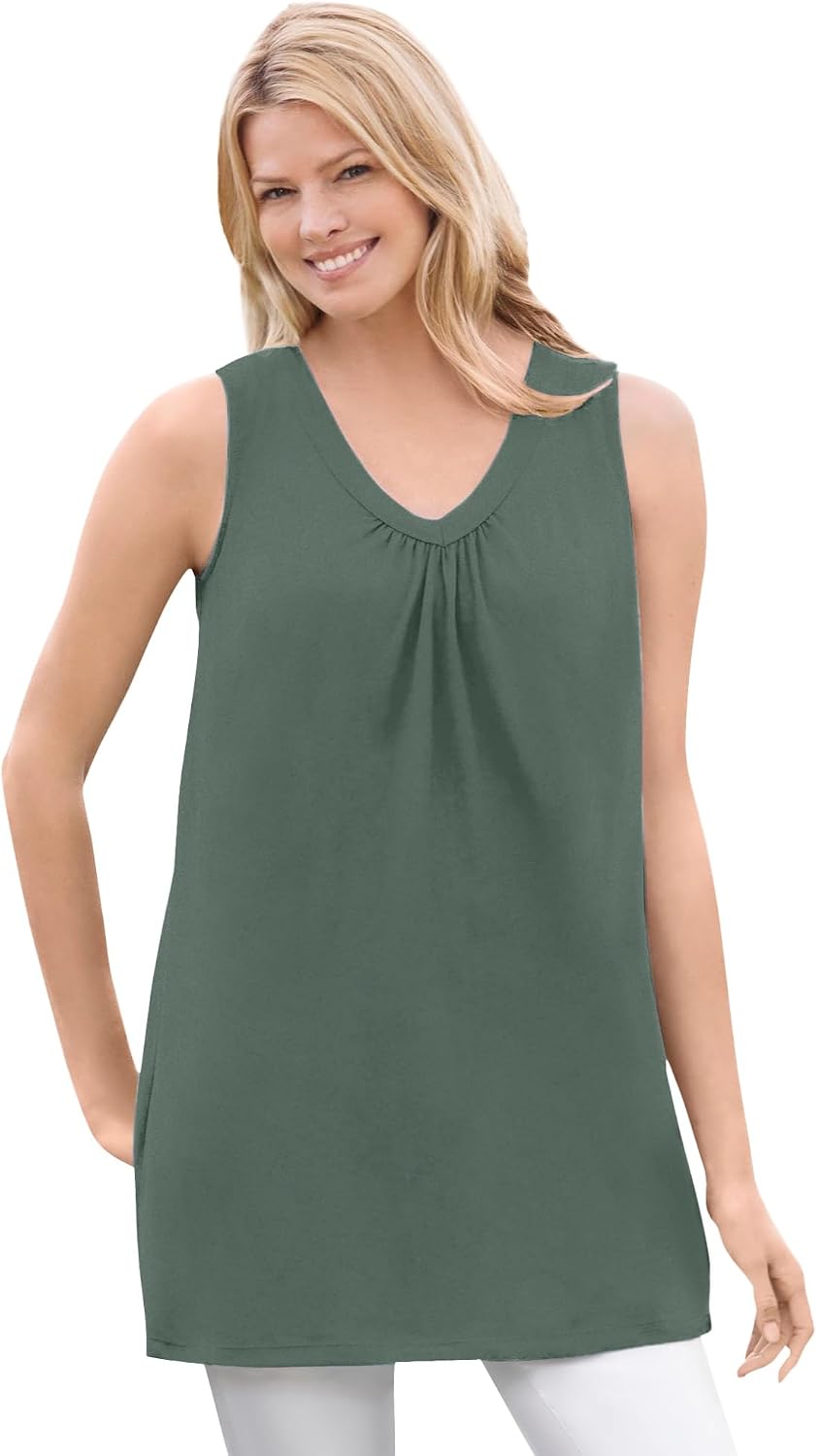 Woman Within Perfect Sleeveless Shirred V-Neck Tunic