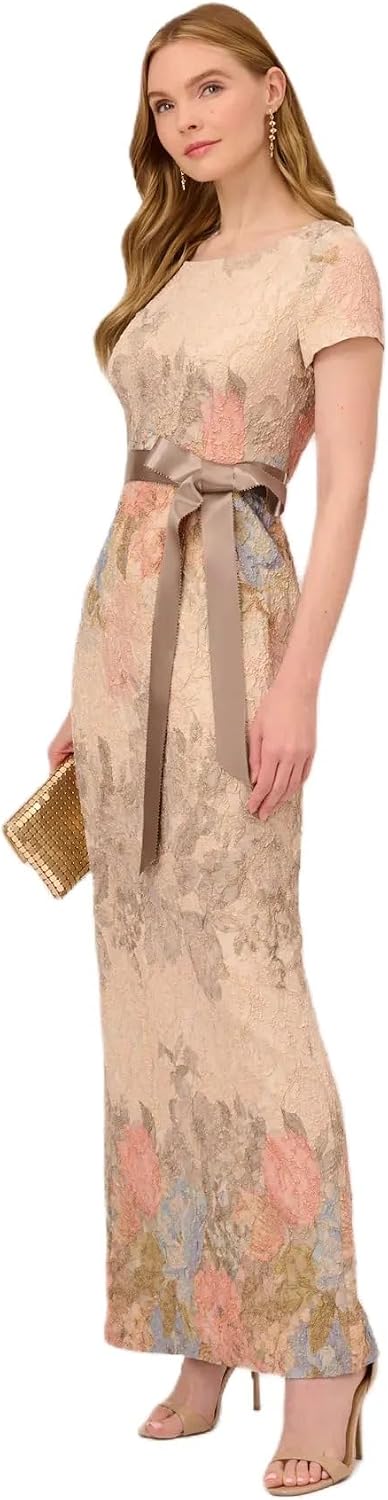 ADRIANNA PAPELL Women's Mateleasse Column Gown | Elegant Evening Gown with Floral Design, Back Slit & Cap Sleeves