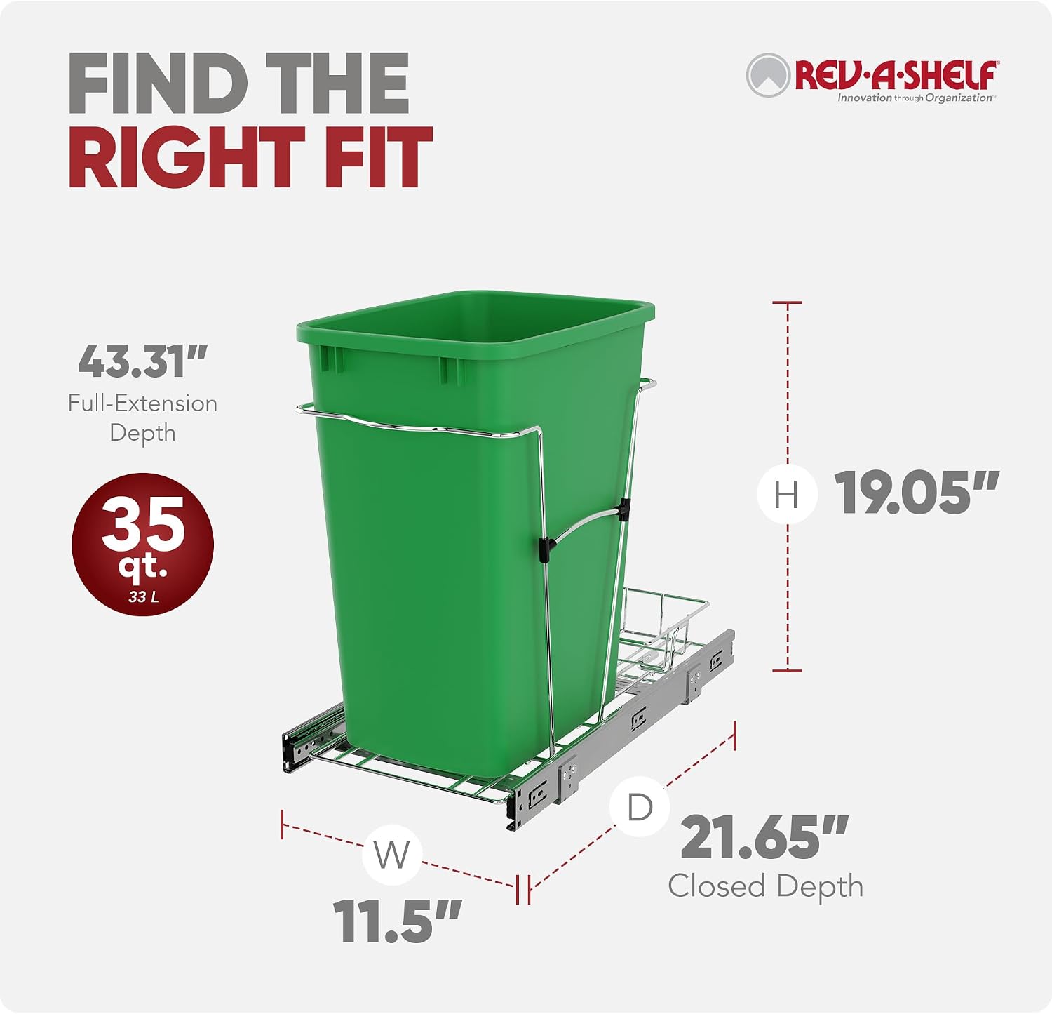 Rev-A-Shelf Pullout Trash Can for Kitchen Cabinets, Black Waste Bin, 35 Qt | Large Capacity Garbage/ Recycling Waste Container, Heavy Gauge Metal Wire Construction w/Full Extension Slides, RV-12KD-18C S