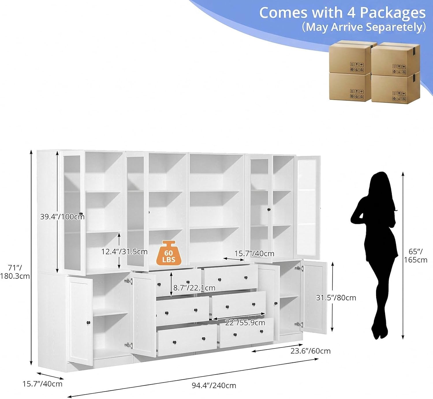 TUSY 71" H Bookcase with Storage | 6-Tier Modern Bookshelf with Drawers, Display Bookcase with Glass Doors, White Curio Cabinet for Home Office, Living Room