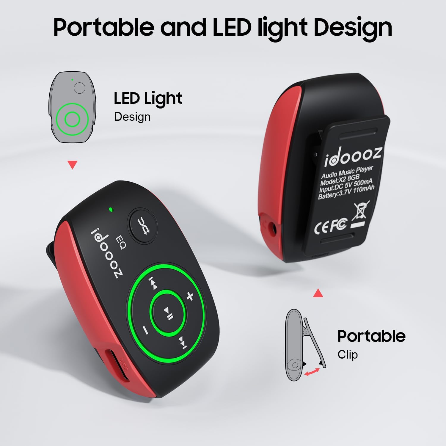 Clip MP3 Player with LED Light, idoooz 8GB X2 Mini MP3 Music Player | Clip-On MP3 Player With Shuffle and Loop Playback for Sports, Gym, Jogging
