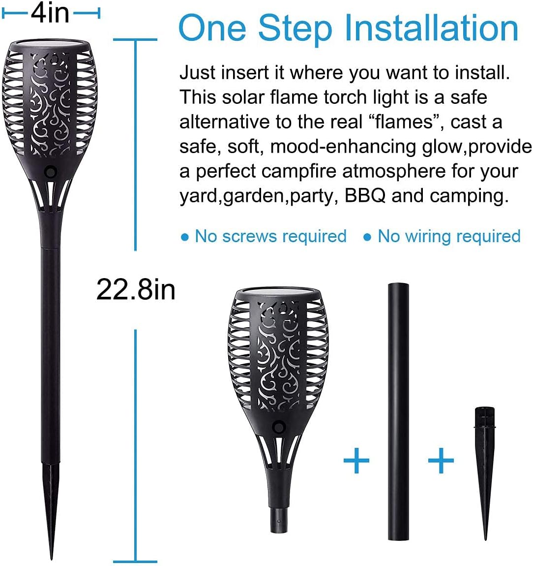 Large Size Solar Torch Light with Flickering Flame, 8 Pack | Fire Effect Garden Lights Outdoor, IP65 Waterproof Tiki Torches, Auto On/Off