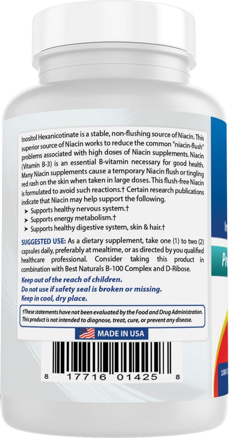 Best Naturals Flush-Free Niacin Inositol Hexanicotinate 500 mg 180 Capsules
