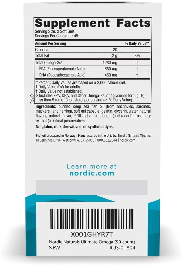 Nordic Naturals Ultimate Omega, 1280mg Omega-3 Fish Oil, Lemon - 60 Count | High-potency Omega-3 Fish Oil with EPA & DHA supports brain & heart health. Non-GMO, burpless formula. 30 servings.