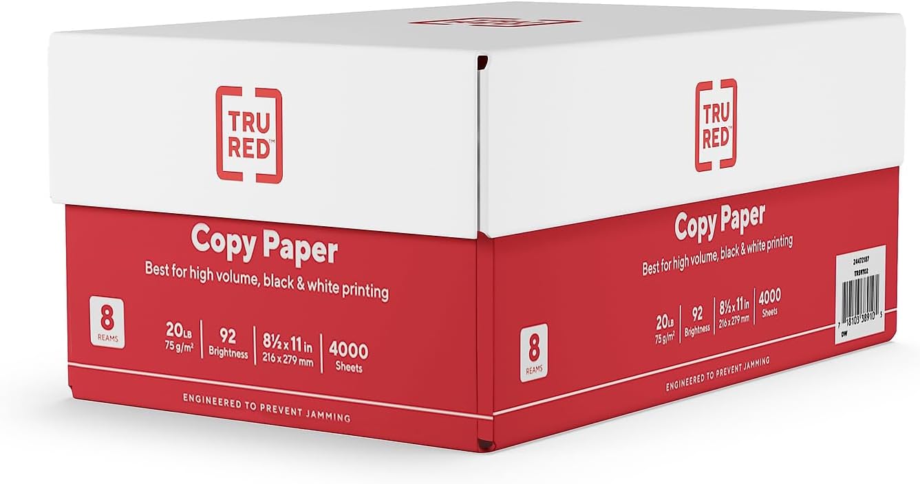 Staples TRU RED Copy & Printer Paper, 8.5 x 11, 20 lb, 92 Bright, 5,000 Sheets/Carton, White Letter Size Paper for Office, School & Home