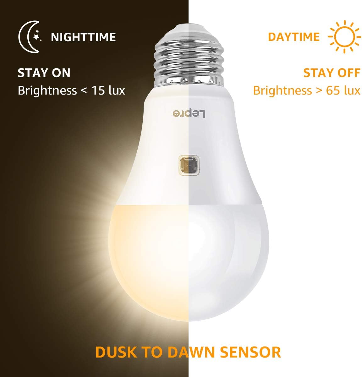 Lepro A19 E26 Dusk to Dawn LED Light Bulbs Outdoor 9W 806 Lumens 2 Pack