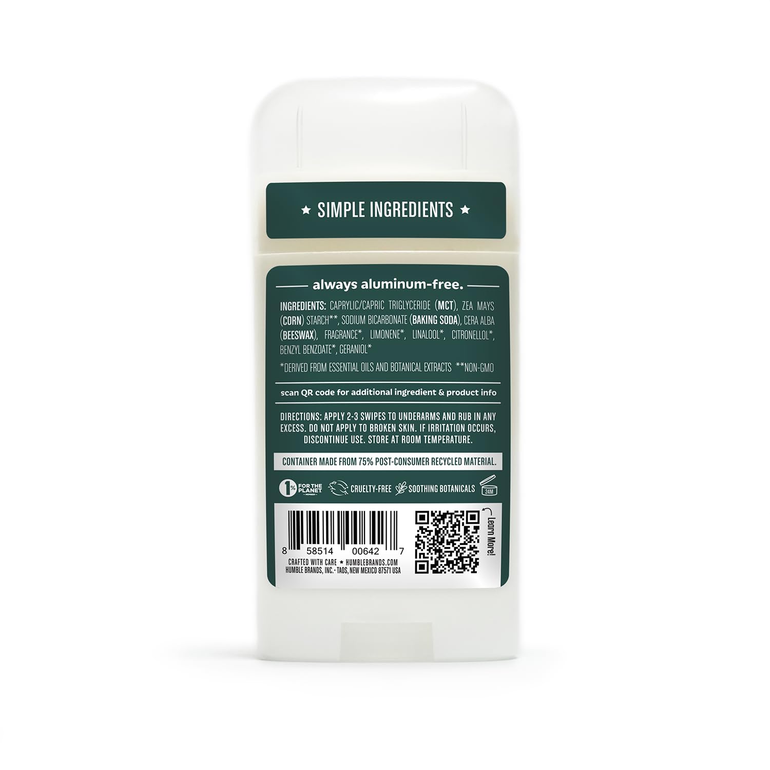 Humble Aluminum-Free Deodorant, Simply Unscented - 1 Pack | Baking Soda-Free, Clean, Fresh, Natural, Essential Oils, Sensitive Skin, Long-Lasting Odor Control, Cruelty-Free, Men & Women