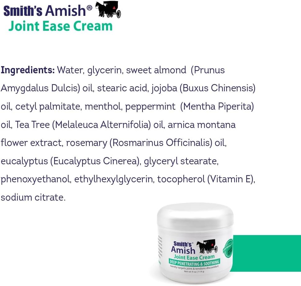 Smith's Amish Joint Ease Cream - Soothing Cooling Formula - 4 oz Jar | For Joint Discomfort, Stiffness & Muscle Tension - Arnica, Peppermint