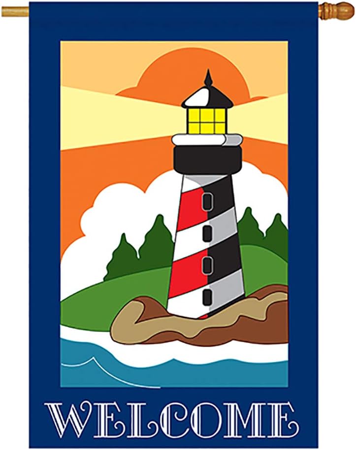 Two Group H106052-P2 Lighthouse Coastal Nautical Applique Decorative Vertical 28" x 44" Double Sided House Flag