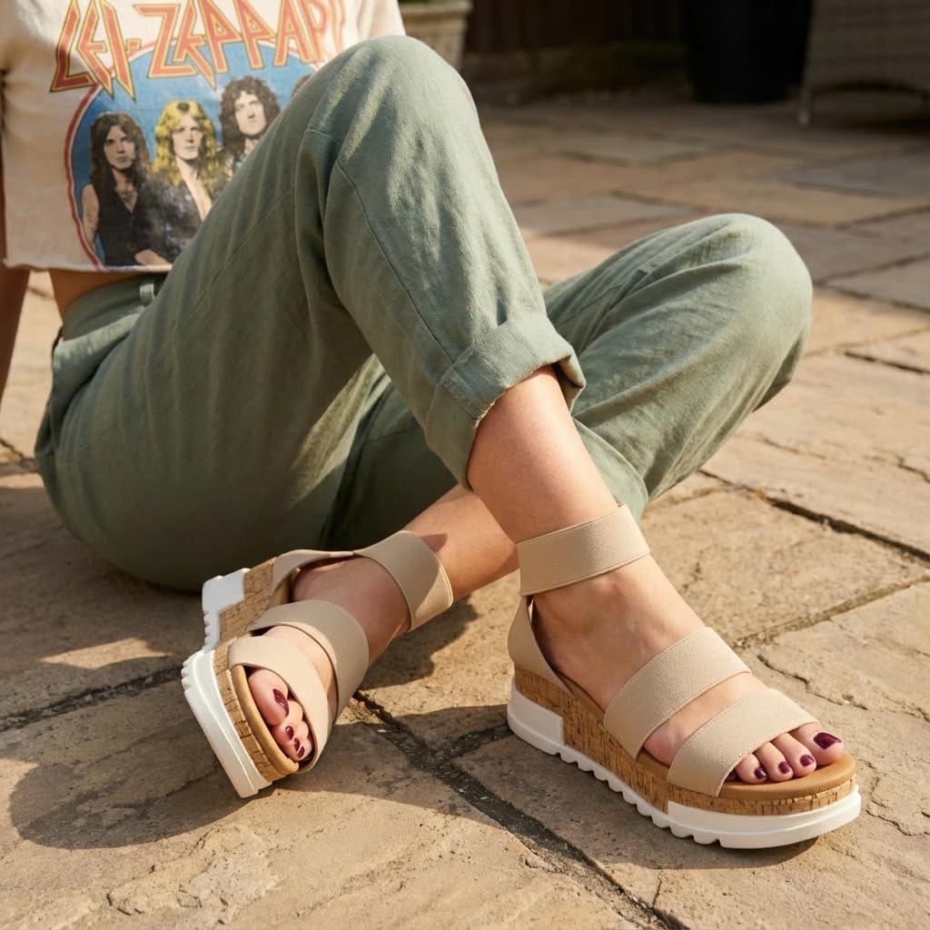 CUSHIONAIRE Naomi Cork Wedge Sandals for Women – Soft Stretch Straps Comfortable Platform Sandals for Women with Memory Foam Insole