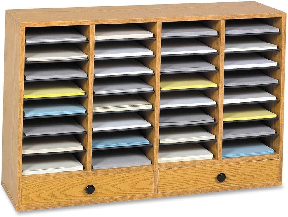 Safco Wooden Paper and Mail Organizer for Home Office and Classroom, Adjustable Shelves and Stackable, 12 Compartments with Drawers, Modern Gray