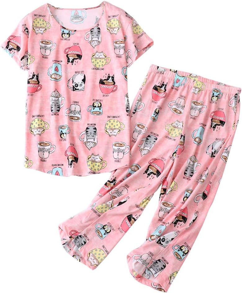 ENJOYNIGHT Womens Pajama Set Cotton Summer Pj Top with Capri Pant Sleepwear