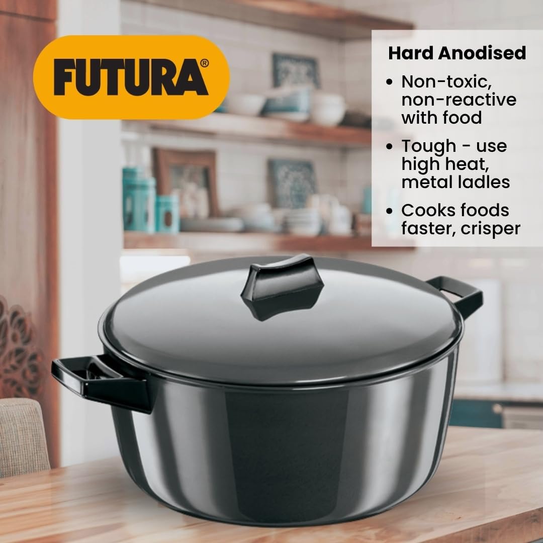 Hawkins Futura 6 Litre Cook n Serve Bowl, Hard Anodised Saucepan with Hard Anodised Lid, Sauce Pan for Cooking and Serving, Black (ACB60) (Aluminium)