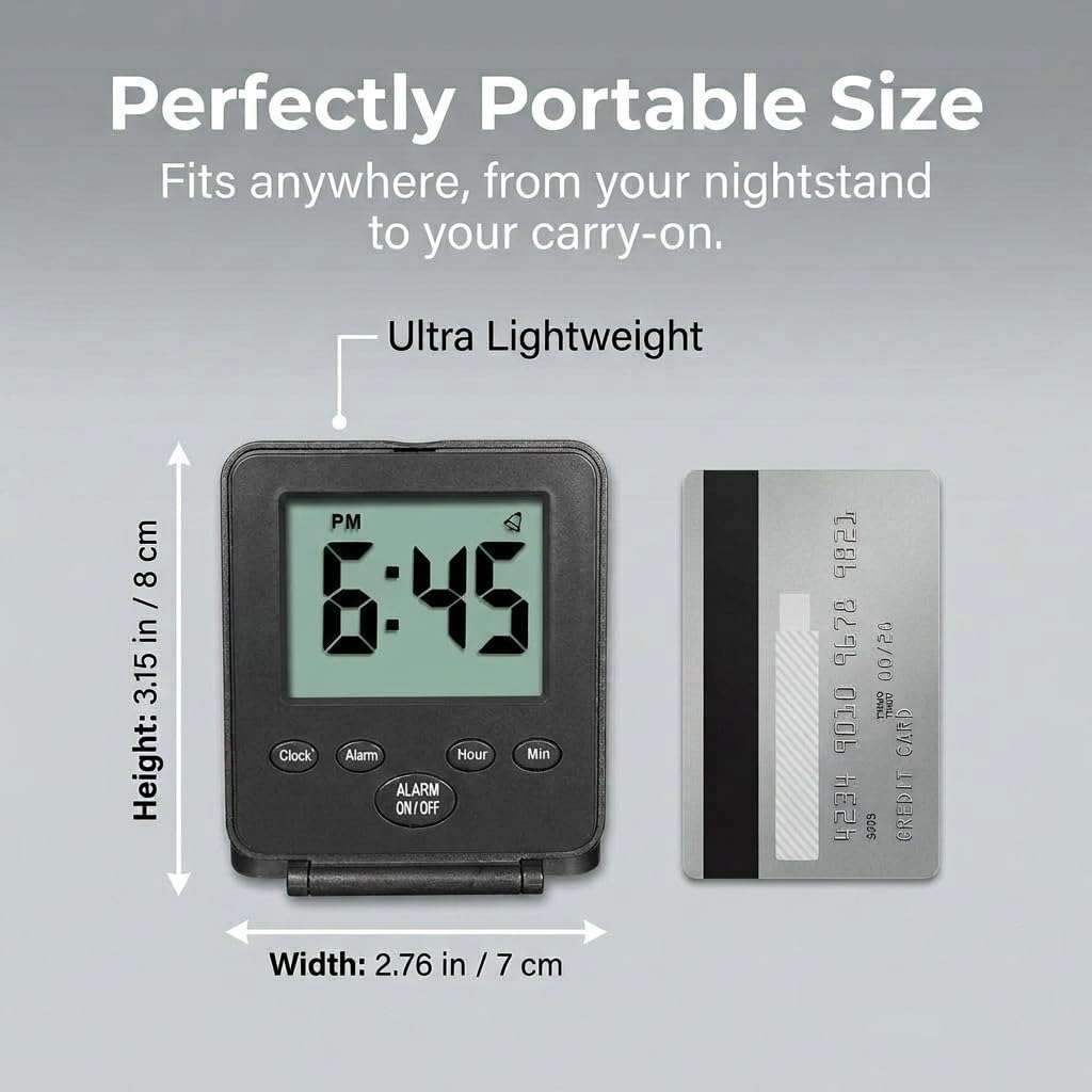 Digital Travel Alarm Clock - No Bells, No Whistles, Simple Basic Operation, Loud Alarm, Snooze, Small and Light, ON/Off Switch, 2 AAA Battery Powered