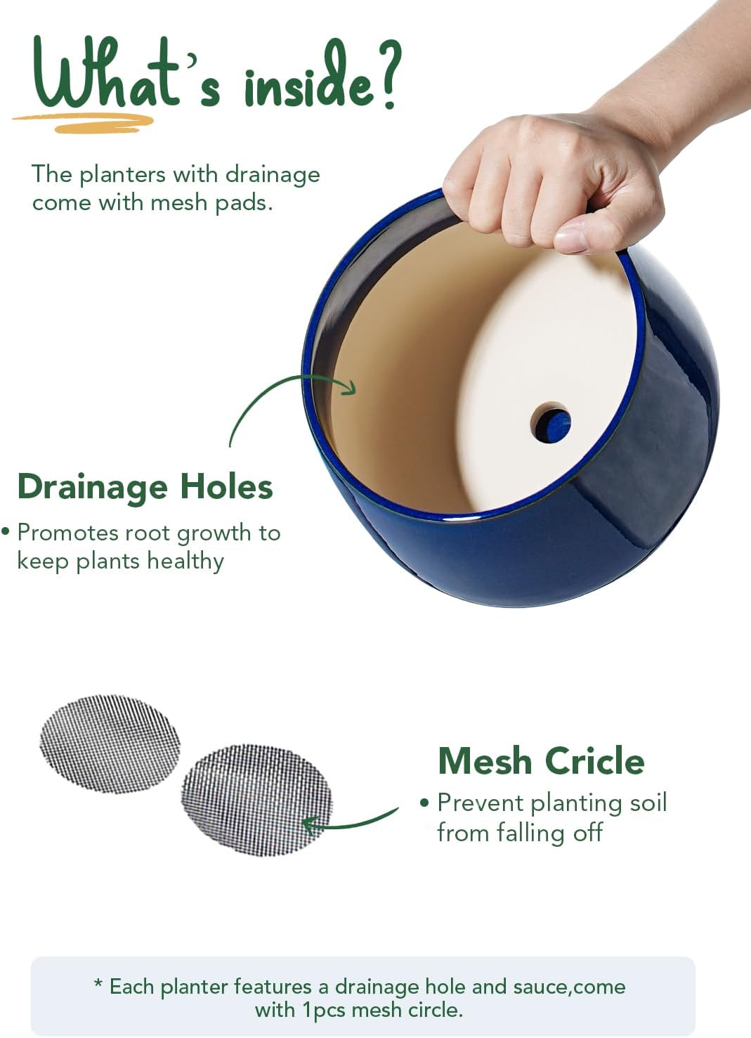 LE TAUCI Plant Pots, 4.1+5.1+6.5 inch, Set of 3, Ceramic Planters with Drainage Hole and Saucer, Indoor Flower Pot with Hole Mesh Pad, Gifts for Mom