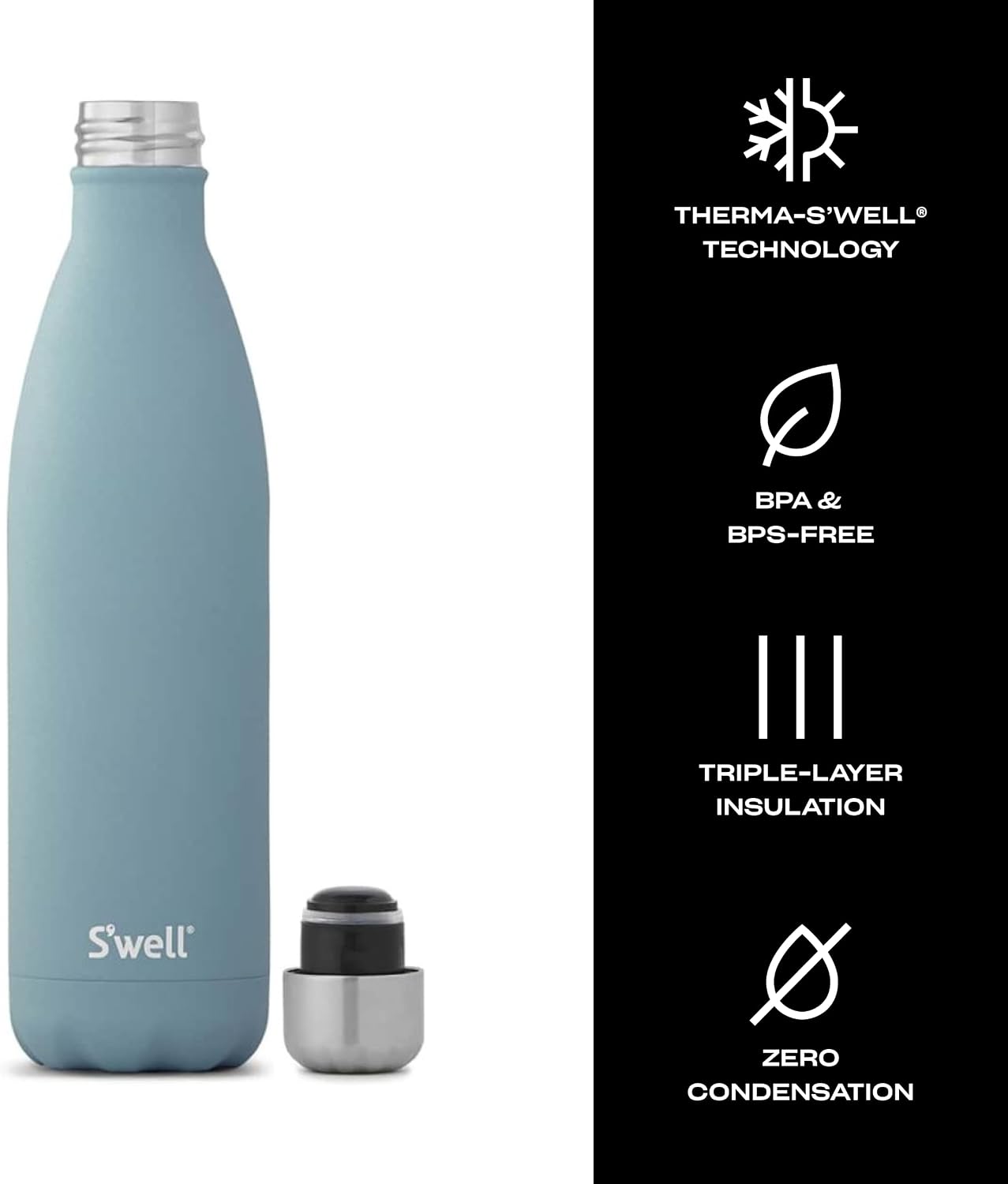 S'well Stainless Steel Water Bottle, 17oz, Blue Suede, Triple-Layered Vacuum Insulated Containers Keeps Drinks Cold for 36 Hours and Hot for 18, BPA Free, Perfect for On the Go