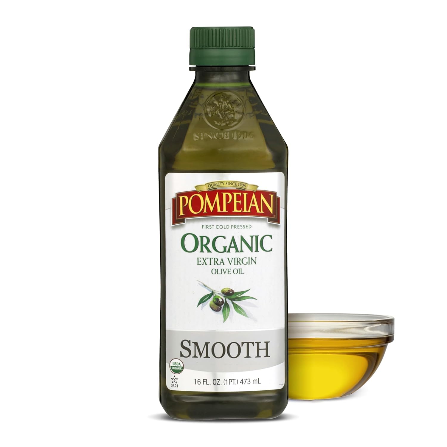 Pompeian Robust Organic Extra Virgin Olive Oil - 16 fl oz | First Cold Pressed Olive Oil for Cooking - Full-Bodied Taste for Dressings and Marinades