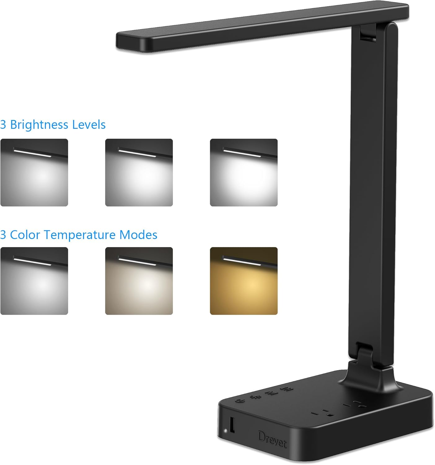 Drevet LED Desk Lamp for College Dorm Room, Desk Light with 1 USB Charging Port 2 AC Power Outlet, 3 Lighting Modes, 3 Level Brightness Touch Lamp