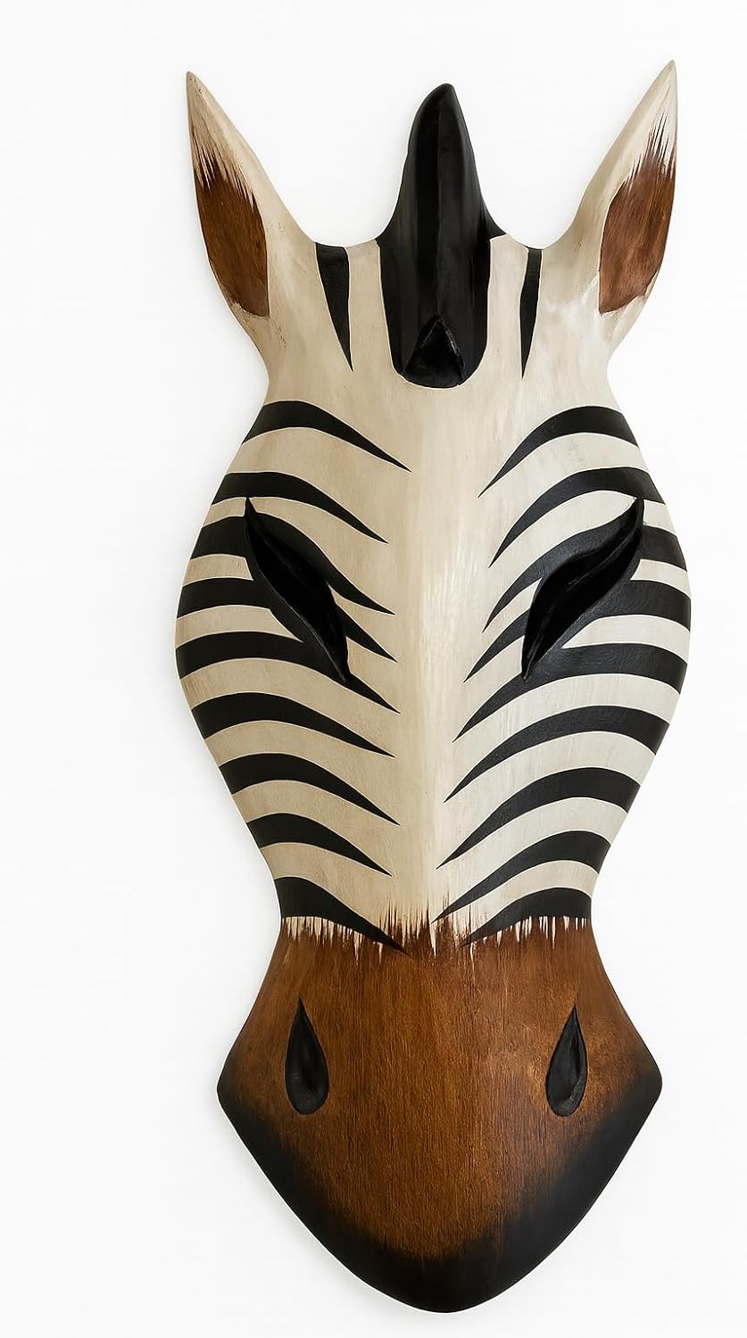 OMA African Zebra Wall Mask – Hand Carved Wooden Safari Wall Decor Art – Tribal Jungle Accent for Living Room