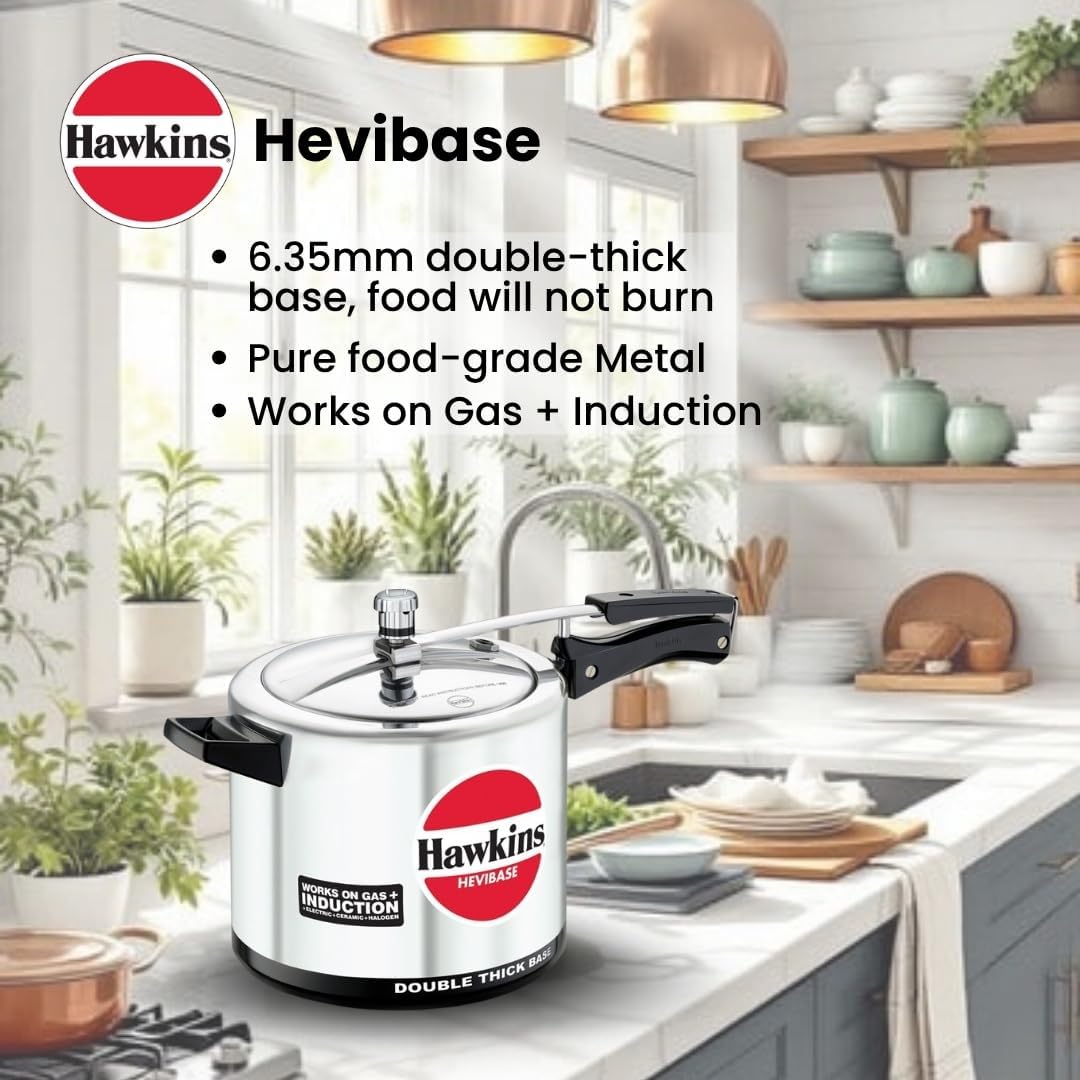 Hawkins Aluminium 5 Litre Hevibase Pressure Cooker, Induction Inner Lid Cooker, Silver (Ih50)
