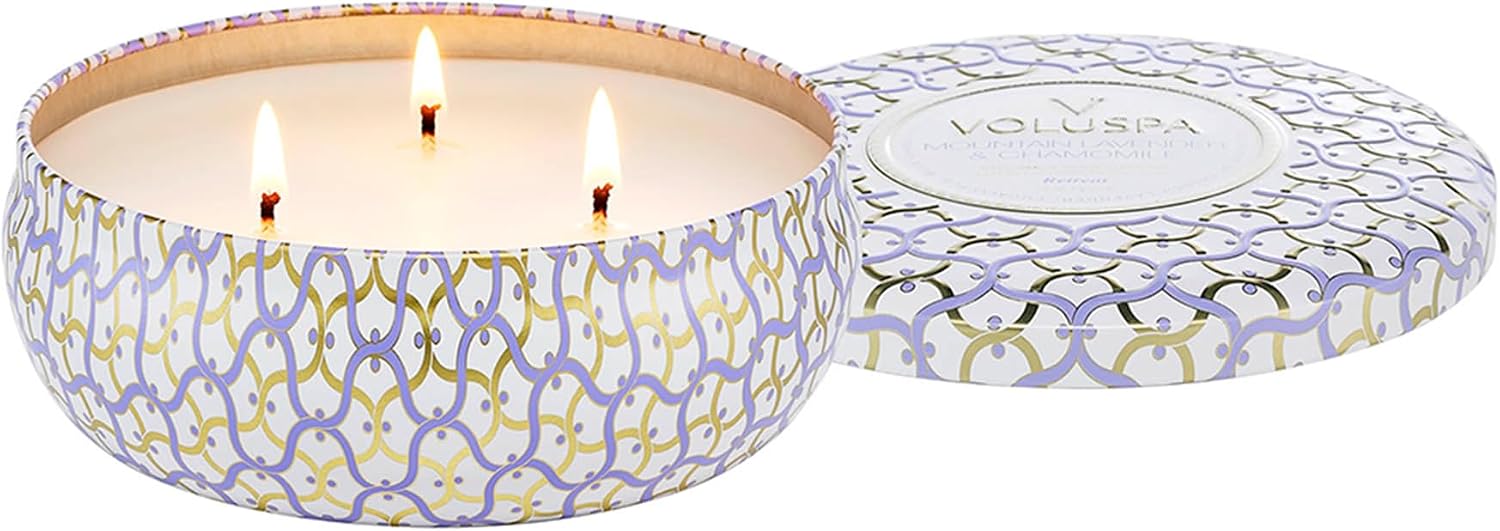 Voluspa Santal Vanille, 3 Wick Tin Candle, 12 oz, 40 Hour Burn Time, Coconut Wax for Clean Burning, Handcrafted in the USA