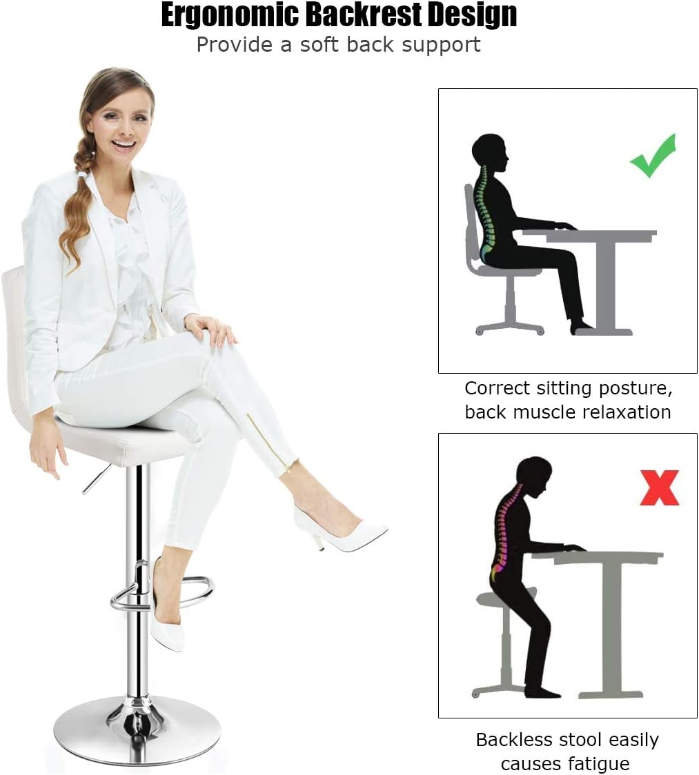 COSTWAY Bar Stool, Modern Swivel Adjustable Height PU Leather Barstools with Back, Square Armless Counter Height Bar Chair for Kitchen Island Dining Living Bistro Pub Counter, Black