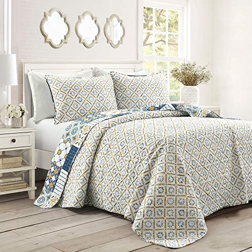 Lush Decor Monique 3 Piece Reversible Print Pattern Blue Quilt Set - Full Queen