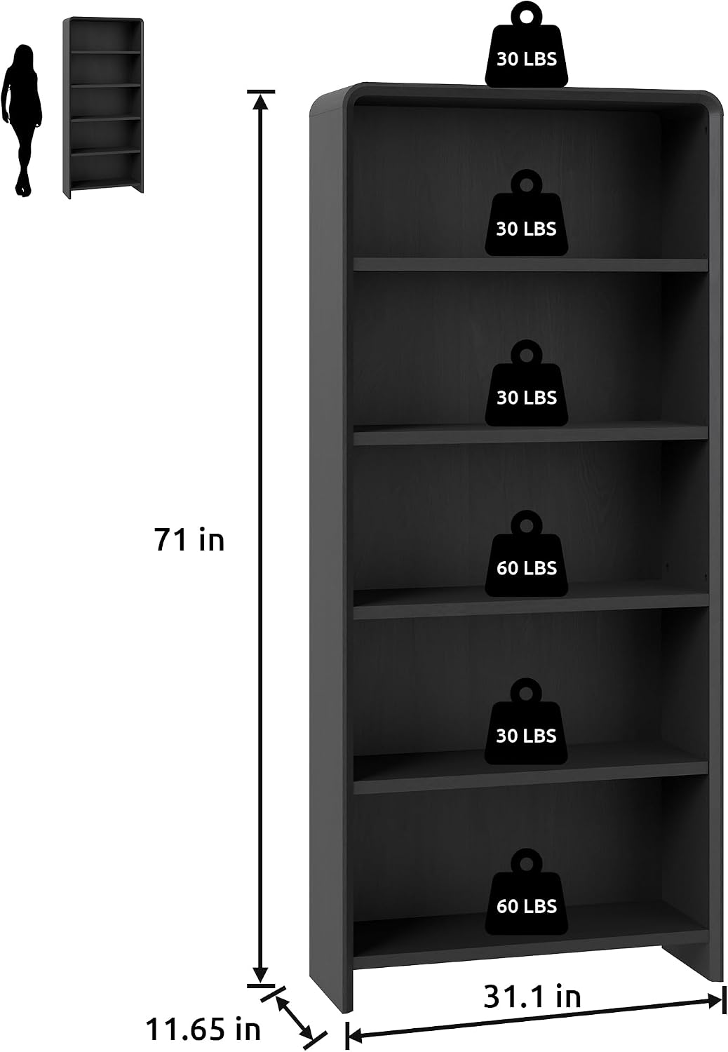 Bevfint 44" Bookcase Tall 3 Shelves Wood Bookshelf with Curved Soft Edges, Heavy Duty Storage Cabinet for Professional Home Office and Living Room, Modern Natural Oak Grain Finish