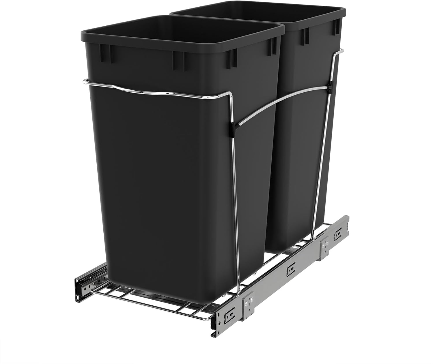 Rev-A-Shelf Double 27 Qt Pullout Trash Can for Base Kitchen Cabinets, Garbage Waste Bin System with Full Extension Slides, Min Opening Width of 11.5", Metallic Silver, RV-15KD-17C S