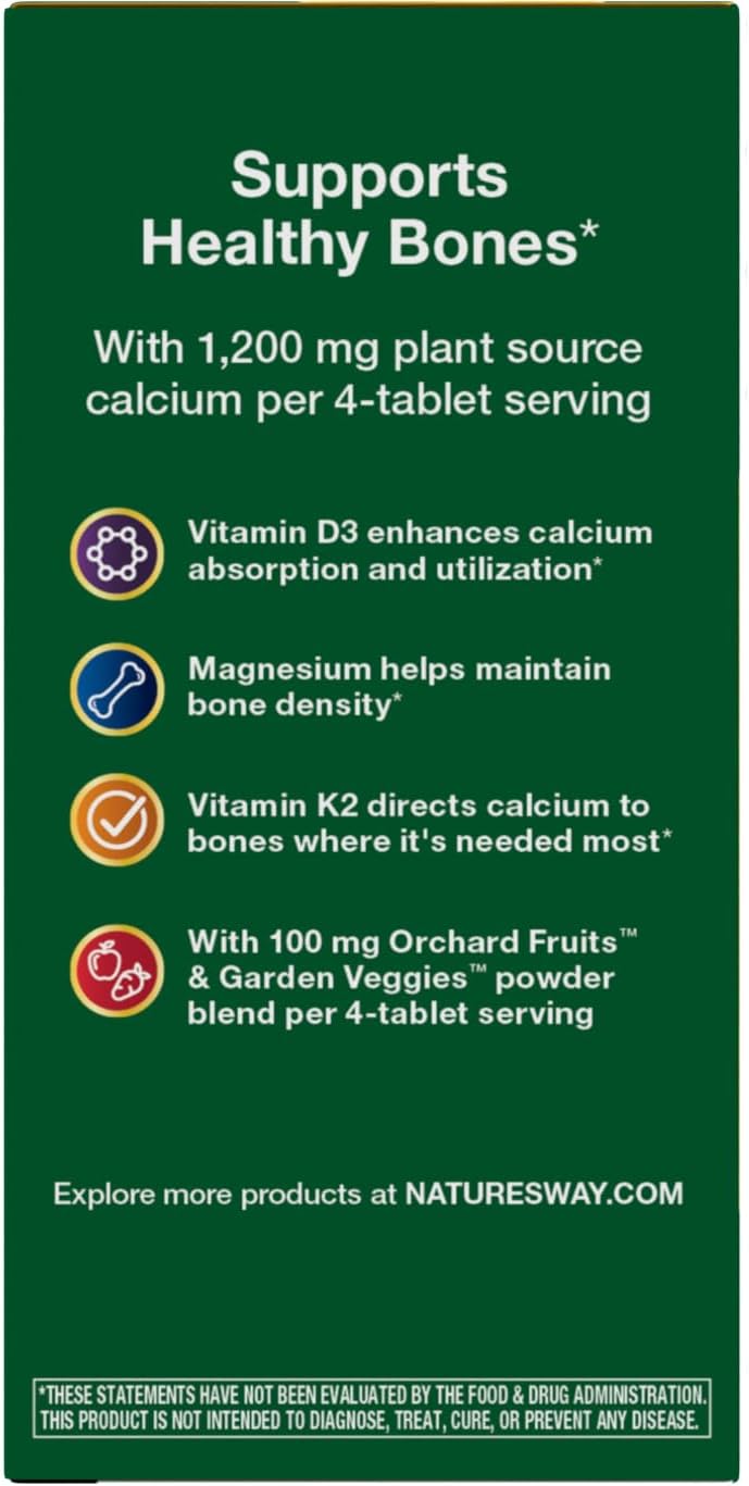 Nature’s Way Alive! Calcium Bone Support Tablets*, 1,200 mg Calcium, 120 ct | Max Absorption Calcium Supplement with Vitamins D3, K2, & Magnesium, Promotes Bone Health and Bone Density*, Gluten Free