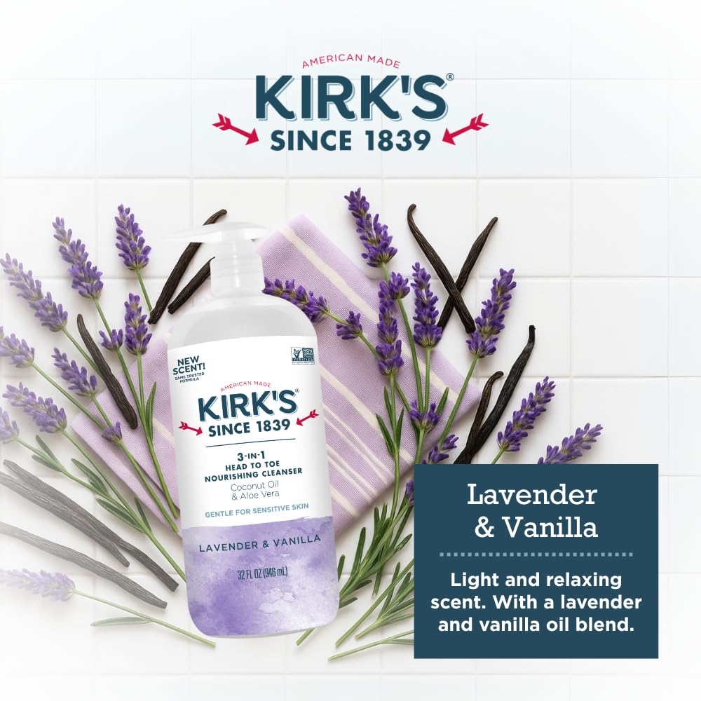 Kirk's Juniper & Lime​ 3-in-1 Nourishing Cleanser, Shampoo Body Wash Bubble Bath, Coconut Oil and Aloe Vera, Vegan Non-GMO, 32 Fl Oz