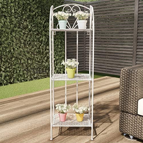 Plant Stand 3-Tier Vertical Shelf Indoor or Outdoor Folding Wrought Iron Home Garden Display with Laser Cut Shelves by Pure Garden (Antique White)