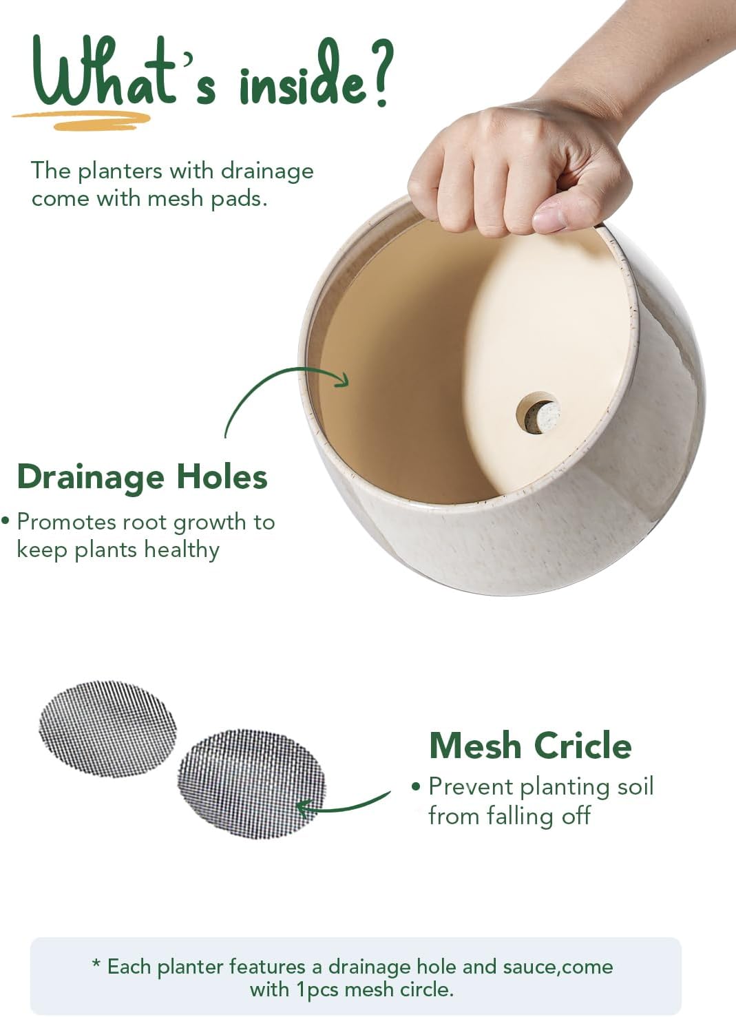 LE TAUCI Plant Pots, 4.1+5.1+6.5 inch, Set of 3, Ceramic Planters with Drainage Hole and Saucer, Indoor Flower Pot with Hole Mesh Pad, Gifts for Mom