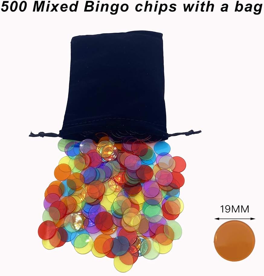 JUNWRROW 500 PCS 3/4 inch Transparent 6 Color Bingo Counting Chips with Bag