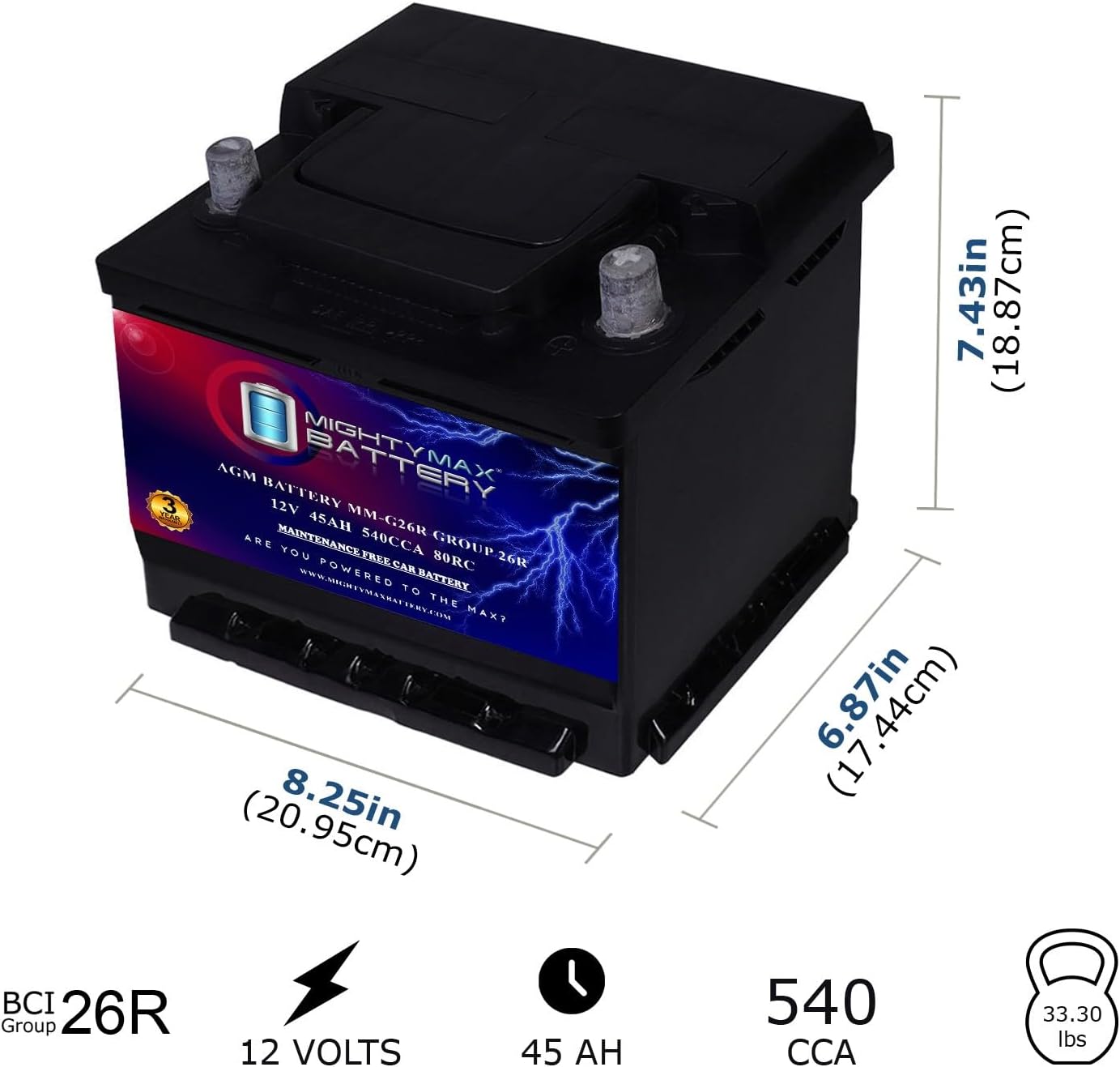 Mighty Max Battery MM-H8 Start and Stop Car BCI Group 49 12V 95Ah, 160RC, 900 CCA Rechargeable AGM Car Battery