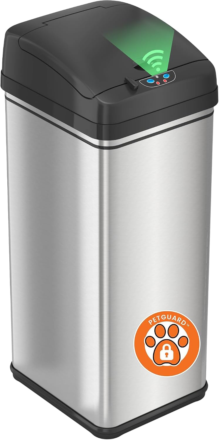 iTouchless Glide 13 Gallon Sensor Garbage Can with Wheels and Odor Control System, Stainless Steel, Automatic Kitchen Bin and Office Trash Bin (Powered by Battery or Optional AC Adapter)